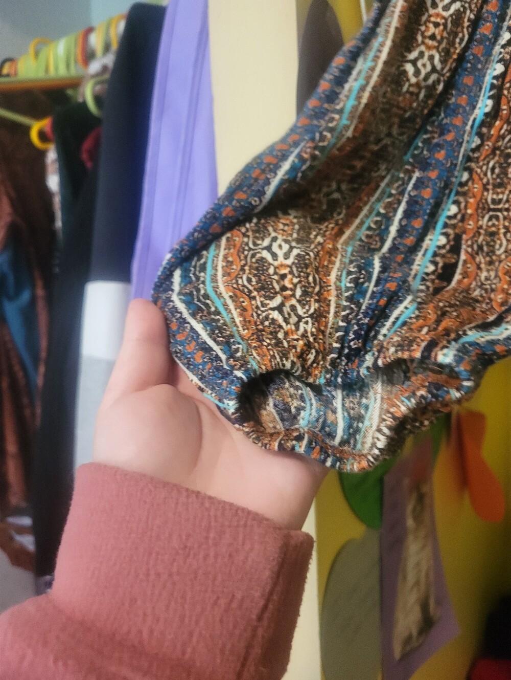Bohemian Printed Long-Sleeve Blouse with Lace Trim - Blue & Brown - Picture 4 of 6